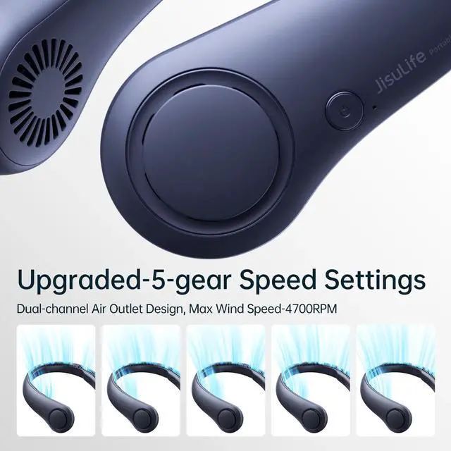 Alt view image 2 of 7 - JISULIFE Neck Fan5-Speed Rechargeable 4000mAh, Adjustable Wearable Cooler for Indoor/Outdoor
