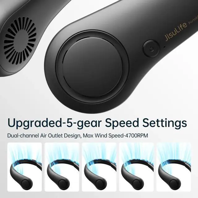 Alt view image 3 of 7 - JISULIFE Neck Fan5-Speed Rechargeable 4000mAh, Adjustable Wearable Cooler for Indoor/Outdoor