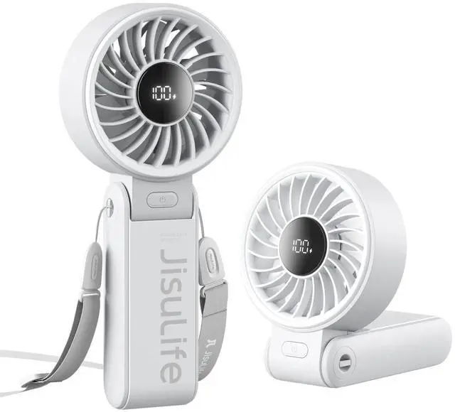 Main image of JISULIFE Versatile Portable Fan with LED Display, 3600mAh USB Rechargeable Battery, 5-Speed, Lanyard Included-Grey