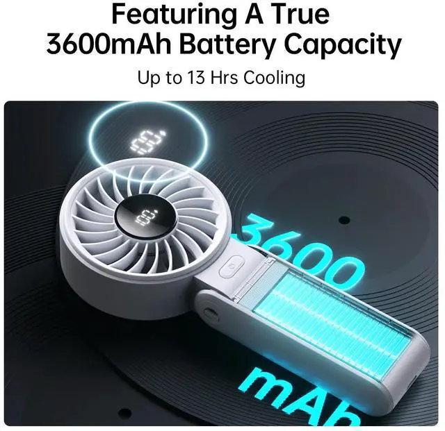 Alt view image 4 of 7 - JISULIFE Versatile Portable Fan with LED Display, 3600mAh USB Rechargeable Battery, 5-Speed, Lanyard Included-Grey