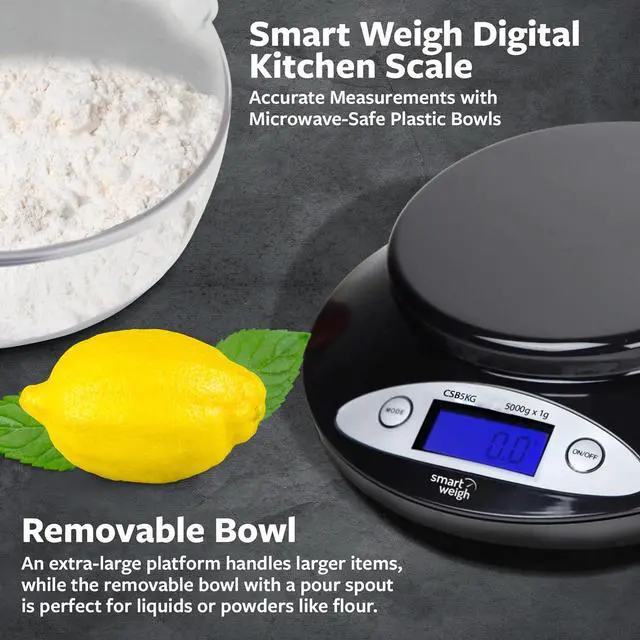 Alt view image 2 of 7 - Smart Weigh Food Kitchen Scale with Bowl,11lb x 0.1oz / 5000 x 1grams, Digital Weight Scale for Baking,Cooking for Ounces and Grams