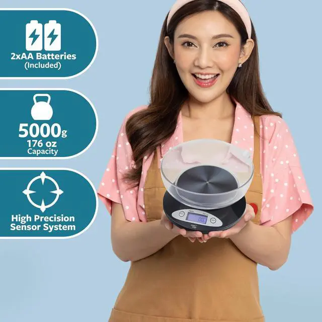 Alt view image 7 of 7 - Smart Weigh Food Kitchen Scale with Bowl,11lb x 0.1oz / 5000 x 1grams, Digital Weight Scale for Baking,Cooking for Ounces and Grams