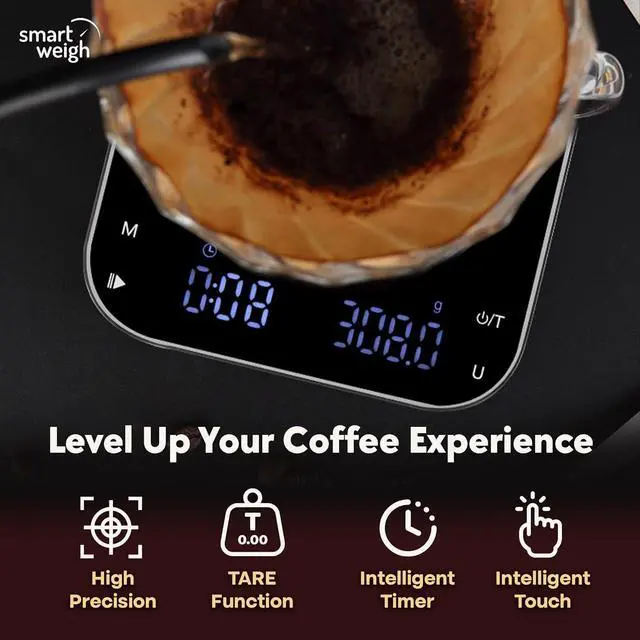 Alt view image 4 of 7 - Smart Weigh Coffee Scale 3000g x 0.01g High Precision Sensors Accurate Scale for Espresso Pour-Over Coffee Digital Kitchen Food Scale for Baking Portable Kitchen Scale with LED Display