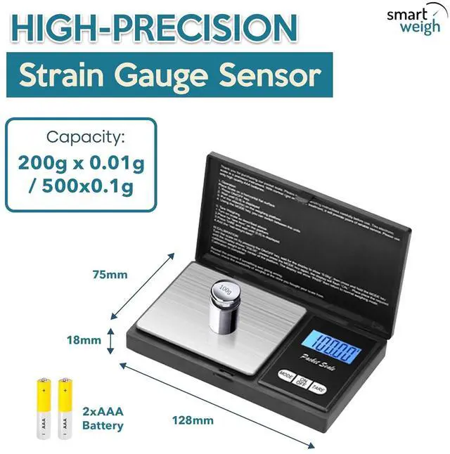 Alt view image 2 of 7 - Smart Weigh Digital Pocket Gram Scale, 200g x 0.01g, Jewelry, Food, Medicine Scale, Battery Included