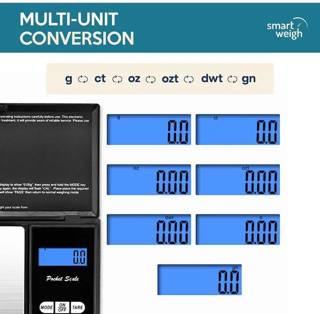Alt view image 5 of 7 - Smart Weigh Digital Pocket Gram Scale, 200g x 0.01g, Jewelry, Food, Medicine Scale, Battery Included