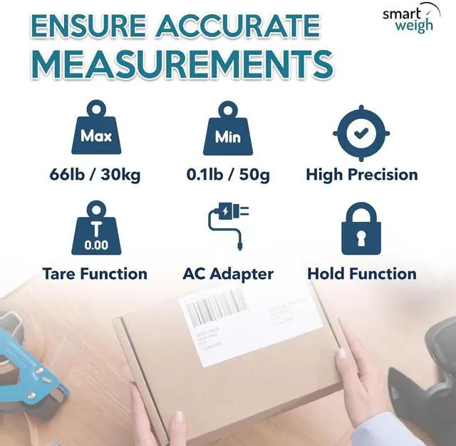 Alt view image 5 of 7 - Smart Weigh All in 1 Digital Shipping Postal Scale 66LB 0.1oz Accurate Digital Postal Scale with Hold and Tare Function Ideal for Shipping Packages Mail Scale Batteries and AC Adapter Included