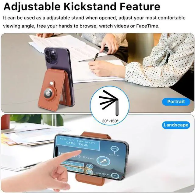 Alt view image 3 of 7 - MYBAT PRO Magsafe Wallet with AirTag Holder, Mens Magnetic Phone Wallet Card Holder with Kickstand for iPhone 16 Pro Max/15 Pro/14 Plus/13/12 Series, RFID Blocking, Fit 3 Cards, Brown
