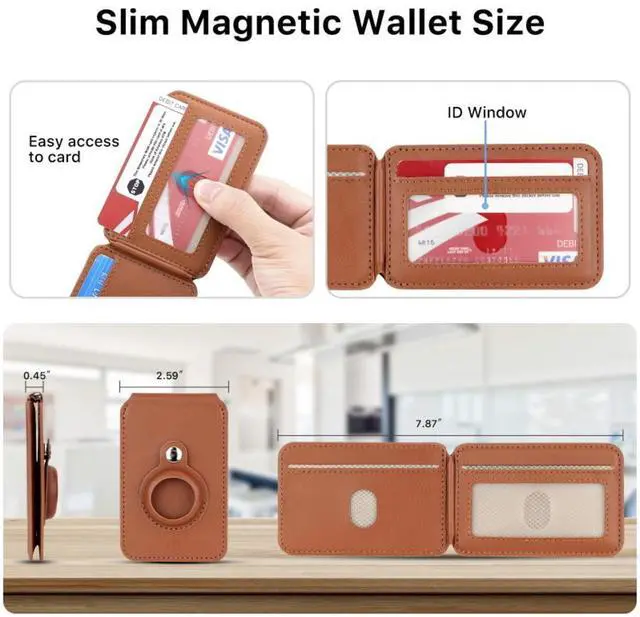 Alt view image 4 of 7 - MYBAT PRO Magsafe Wallet with AirTag Holder, Mens Magnetic Phone Wallet Card Holder with Kickstand for iPhone 16 Pro Max/15 Pro/14 Plus/13/12 Series, RFID Blocking, Fit 3 Cards, Brown