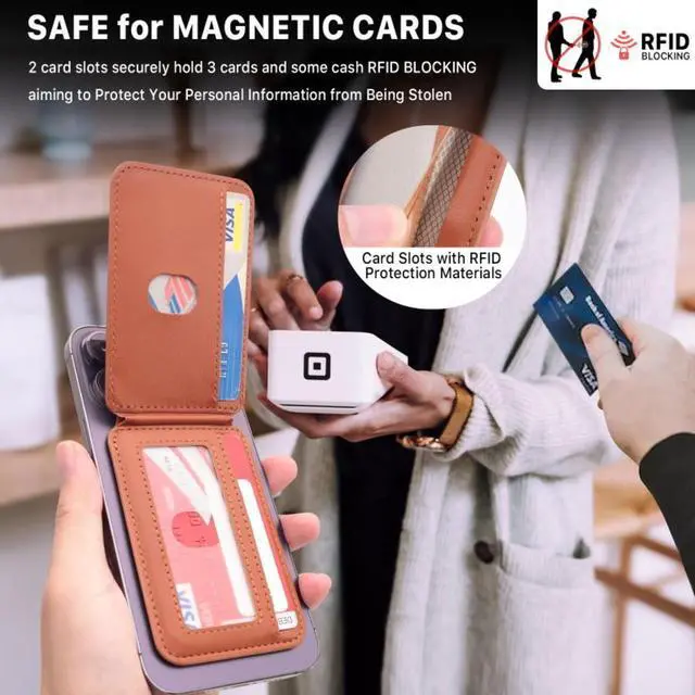 Alt view image 5 of 7 - MYBAT PRO Magsafe Wallet with AirTag Holder, Mens Magnetic Phone Wallet Card Holder with Kickstand for iPhone 16 Pro Max/15 Pro/14 Plus/13/12 Series, RFID Blocking, Fit 3 Cards, Brown