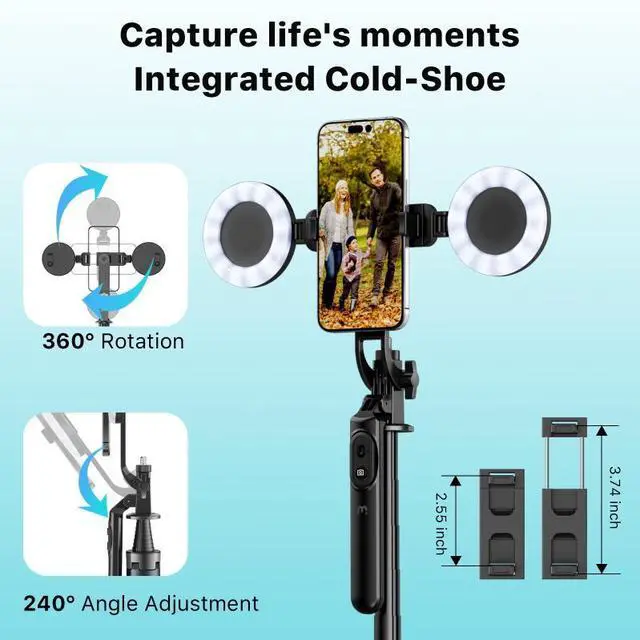 Alt view image 5 of 7 - MYBAT PRO 3 in 1 Flexible Phone Tripod with Wireless Remote,72" Tall Travel Tripod Stand w 1/4" Screw,Selfie Stick w Light for Photo Vlog, 360° Rotation Camera Tripod for iPhone Android Black