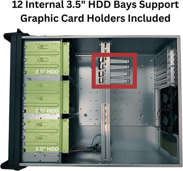 Alt view image 3 of 7 - RACKOWL 4U Server Case Rackmount Chassis, 15x 3.5" HDD Bay, ATX Compatible; Front 3x 120mm& Rear: 2x 80mm, Front Panel Lock, Size: 16.8"x7.0"x21.1"