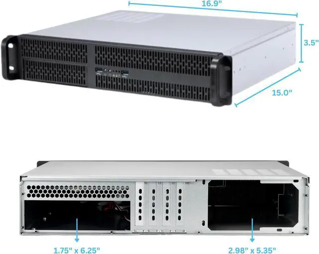 Alt view image 4 of 6 - RACKOWL 2U Server Case/ Rackmount Server Chassis, 4x 3.5"/2.5" HDD Bay, 1x 5.25" Device, Micro-ATX Motherboard Support ; Fans: Rear 2x 80mm, Size: 16.9"x3.5"x15.0"
