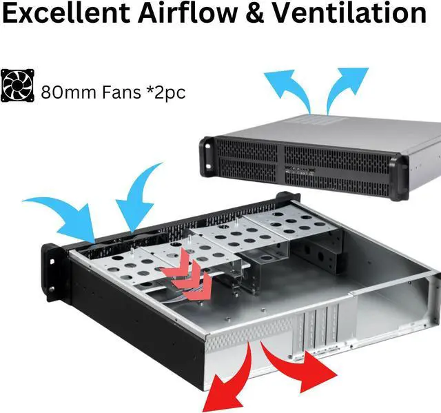 Alt view image 2 of 6 - RACKOWL 2U Server Case/ Rackmount Server Chassis, 4x 3.5"/2.5" HDD Bay, 1x 5.25" Device, Micro-ATX Motherboard Support ; Fans: Rear 2x 80mm, Size: 16.9"x3.5"x15.0"