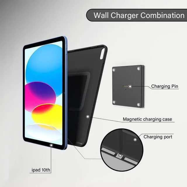 Alt view image 2 of 6 - Zilvex Magnetic Wall Mount with Charging Case A8 for iPad (10th Generation) 10.9-Inch. 100-250V AC 18W Quick Charge, Strong Magnets, EMONITA