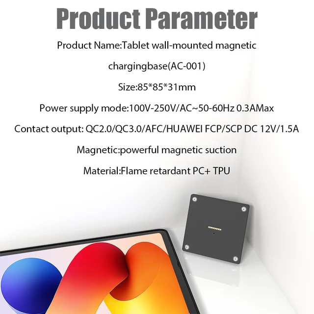 Alt view image 2 of 7 - Zilvex Magnetic Redmi Pad 2 Pro 12.1Inch Wall Charging Dock, AC-Powered Hidden Wire Tablet Mount, Permanent Wall Charger