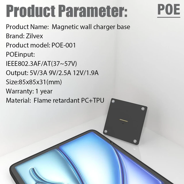 Alt view image 3 of 7 - Zilvex iPad Air 11Inch M2,M3 PoE Magnetic Wall Mount with Charging, Ethernet Powered Tablet Dock for Commercial Use