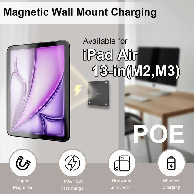 Alt view image 2 of 7 - Zilvex iPad Air 13Inch M2,M3 PoE Wall Mount Charger, Magnetic Tablet Charging Dock with Ethernet Power and 86x86 Mounting