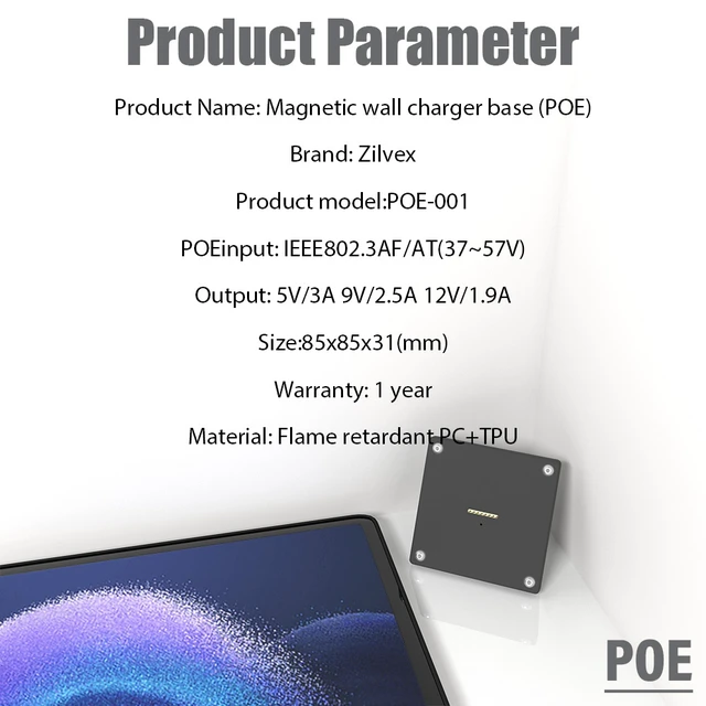 Alt view image 5 of 7 - Zilvex Xiaomi Pad 6/6Pro 11 Inch PoE Wall Mount Charger, Magnetic Tablet Charging Dock with Ethernet Power and 86x86 Mounting