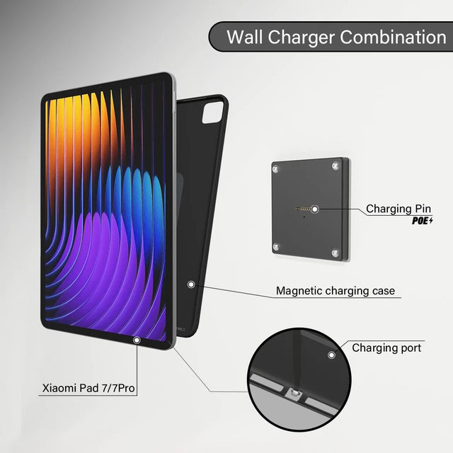 Alt view image 3 of 7 - Zilvex Magnetic Xiaomi Pad 7/7Pro 11.2 Inch PoE Wall Charging Station, Tablet Mount with Power over Ethernet for Restaurant POS