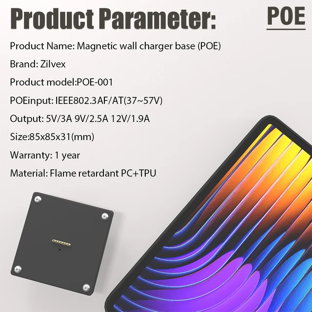 Alt view image 5 of 7 - Zilvex Magnetic Xiaomi Pad 7/7Pro 11.2 Inch PoE Wall Charging Station, Tablet Mount with Power over Ethernet for Restaurant POS