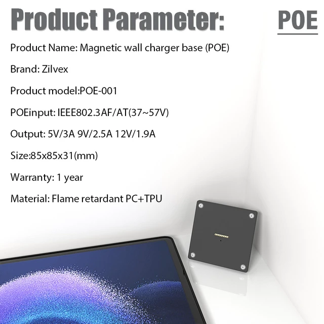 Alt view image 7 of 7 - Zilvex Xiaomi Pad 6Max 14Inch 86x86 PoE Wall Charging Dock, Magnetic Tablet Holder with Integrated Ethernet Power