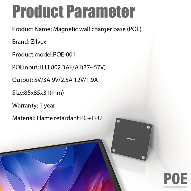 Alt view image 4 of 7 - Zilvex Redmi Pad 2 11Inch PoE Wall Mount Charger, Magnetic Tablet Charging Dock with Ethernet Power and 86x86 Mounting