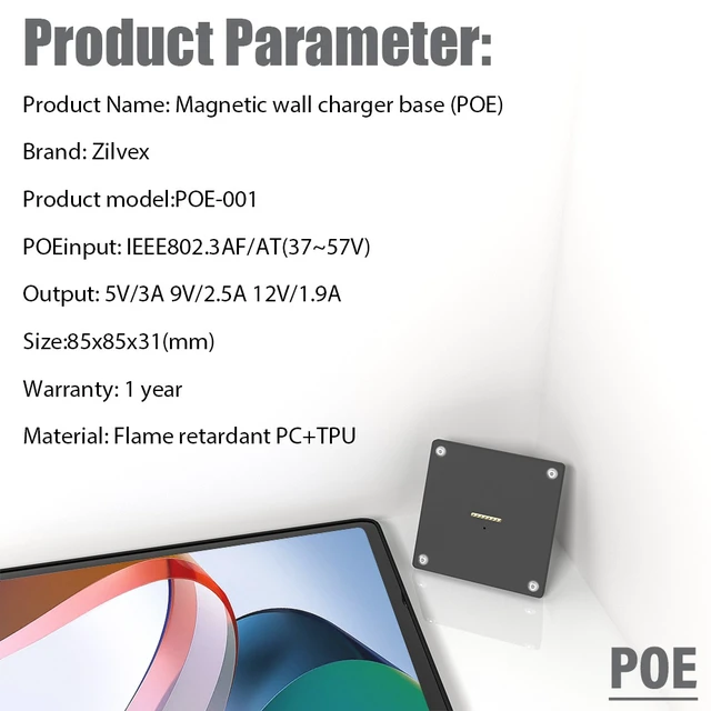 Alt view image 4 of 7 - Zilvex Redmi Pad 10.6 Inch PoE Magnetic Wall Mount Charger, Hidden Wire Tablet Dock for In-Wall Installation