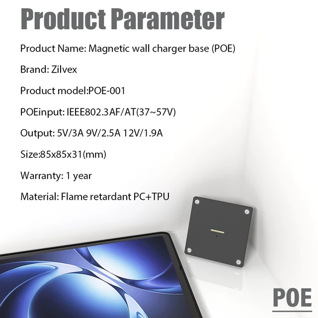 Alt view image 4 of 7 - Zilvex Redmi K Pad 8.8Inch PoE Wall Mount Charger, Magnetic Tablet Charging Dock with Ethernet Power and 86x86 Mounting