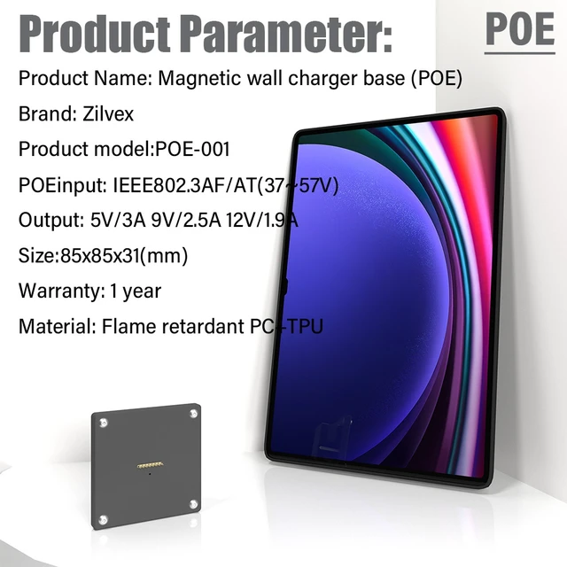 Alt view image 5 of 7 - Zilvex Samsung Galaxy Tab S9 Ultra 14.6 Inch PoE Wall Mount Charger, Magnetic Tablet Dock with Ethernet Power