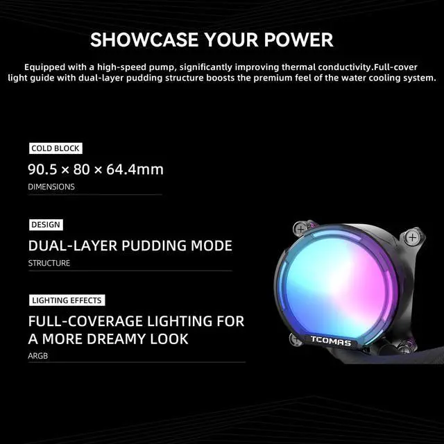 Alt view image 2 of 6 - TCOMAS LE100 Black 360 ARGB Liquid CPU Cooler  Sleek AIO Cooling Solution with Dynamic ARGB Pump Head & Fans, Supports Intel LGA 1851/1700 & AMD AM5/AM4