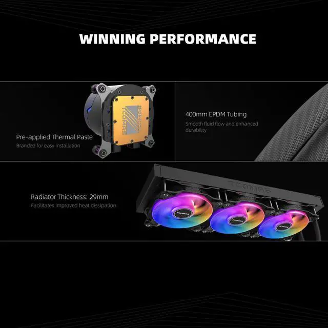 Alt view image 5 of 6 - TCOMAS LE100 Black 360 ARGB Liquid CPU Cooler  Sleek AIO Cooling Solution with Dynamic ARGB Pump Head & Fans, Supports Intel LGA 1851/1700 & AMD AM5/AM4