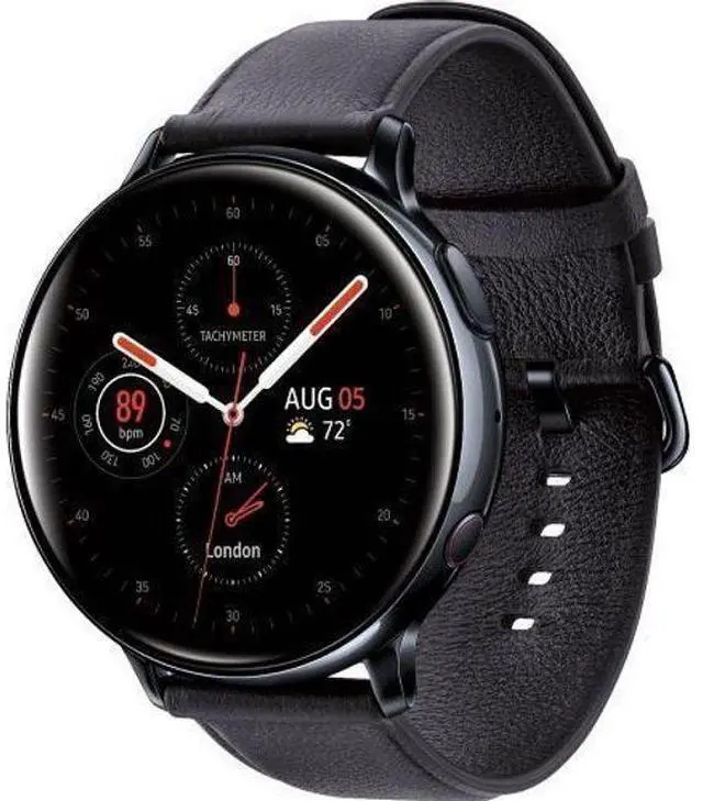 Alt view image 2 of 5 - Samsung  Galaxy Watch Active2 - 4GB - Bluetooth + LTE - 44mm - Black - Stainless Steel - Black - Leather Strap - Leather - Acceptable (Grade C)