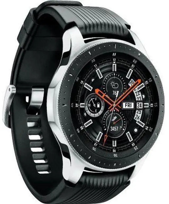 Alt view image 3 of 5 - Samsung  Galaxy Watch - 4GB - Bluetooth - 42mm - Silver - Stainless Steel - Onyx Black - Silicone Strap - Silicone - Good (Grade B)
