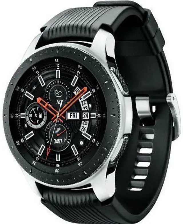Alt view image 2 of 5 - Samsung  Galaxy Watch - 4GB - Bluetooth - 42mm - Silver - Stainless Steel - Onyx Black - Silicone Strap - Silicone - Good (Grade B)