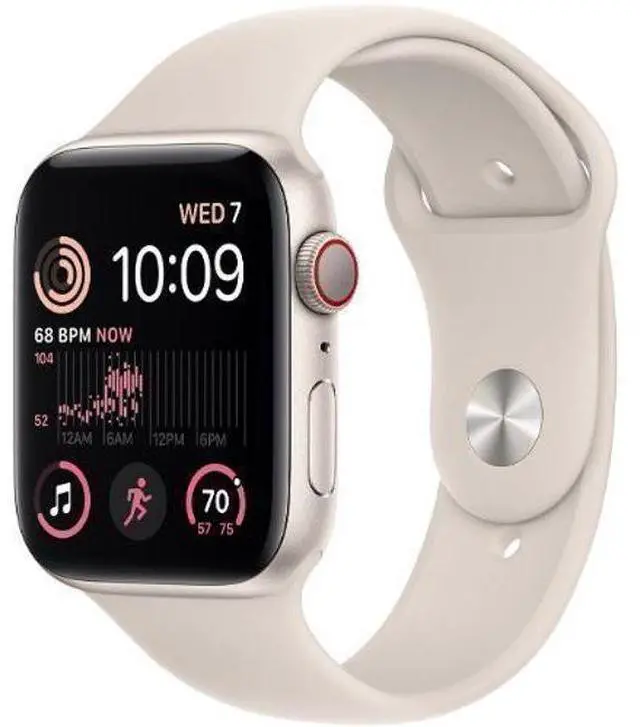 Alt view image 2 of 2 - Apple  Watch SE (2022) - 32GB - GPS - 44mm - Starlight - Aluminum - Starlight - Sport Band - Medium/Large Size - Rubber - Excellent (Grade A)