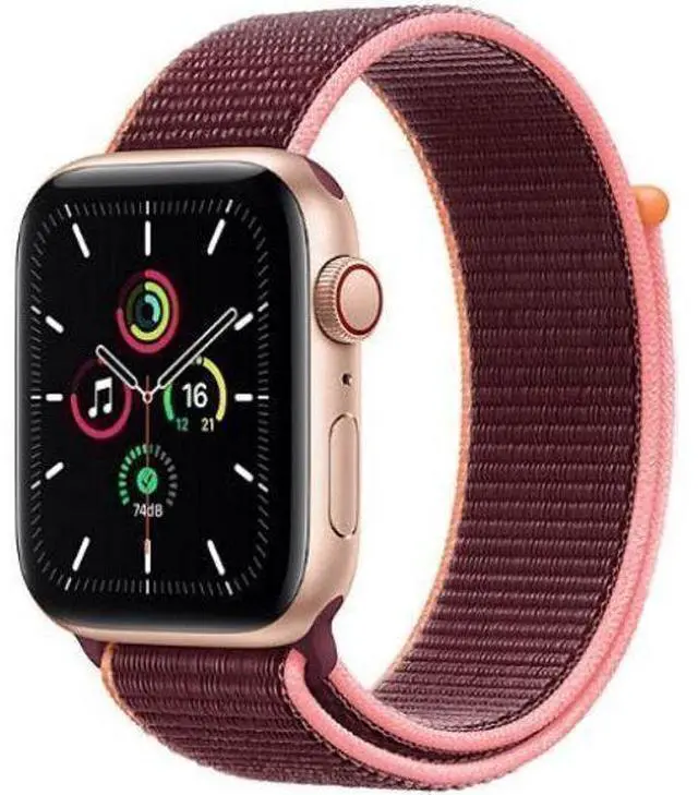 Alt view image 2 of 2 - Apple  Watch SE 1st Gen (2020) - 32GB - Cellular + GPS - 44mm - Gold - Aluminum - Plum - Sport Loop Band - Rubber - Acceptable (Grade C)