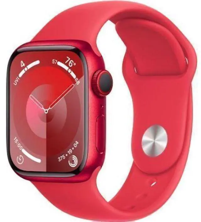 Alt view image 2 of 3 - Apple  Watch Series 9 - 64GB - Red-Aluminum-Sport Band-Red - Cellular + GPS - 45mm - Red - Aluminum - Red - Sport Band - Small/Medium Size - Rubber - Good (Grade B)