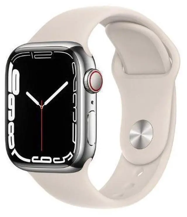 Alt view image 2 of 2 - Apple  Watch Series 7 - 32GB - Cellular + GPS - 41mm - Silver - Stainless Steel - Starlight - Sport Band - Rubber - Acceptable (Grade C)