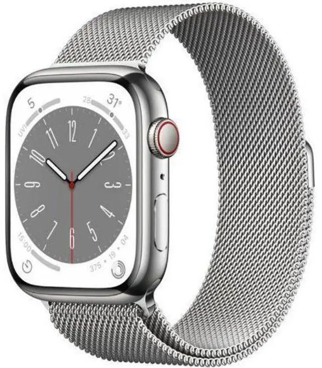 Alt view image 2 of 2 - Apple  Watch Series 8 - 32GB - Cellular + GPS - 41mm - Silver - Stainless Steel - Silver - Milanese Loop Band - Stainless Steel - Good (Grade B)