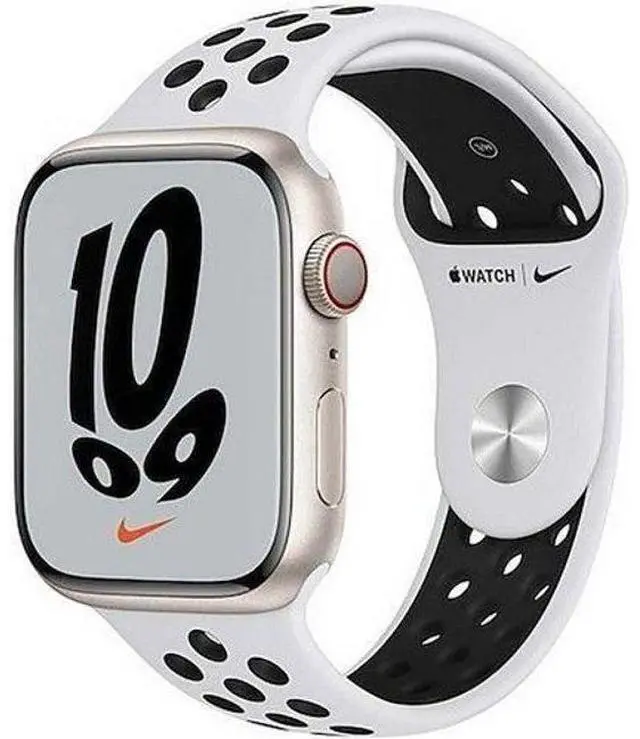 Alt view image 2 of 2 - Apple  Watch Series 7 - 32GB - Starlight-Nike (Aluminum)-Nike Sport Band-Pure Platinum/Black - Cellular + GPS - 41mm - Starlight - Nike (Aluminum) - Pure Platinum/Black - Nike Sport Band - Rubber - Ac