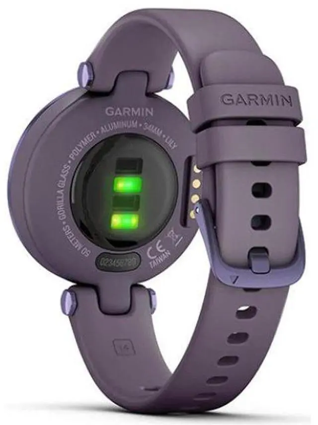 Alt view image 4 of 4 - Garmin  Lily Sport Smartwatch - Midnight Orchid - Fiber-reinforced Polymer - Deep Orchid - Silicone Strap - Silicone - Acceptable (Grade C)