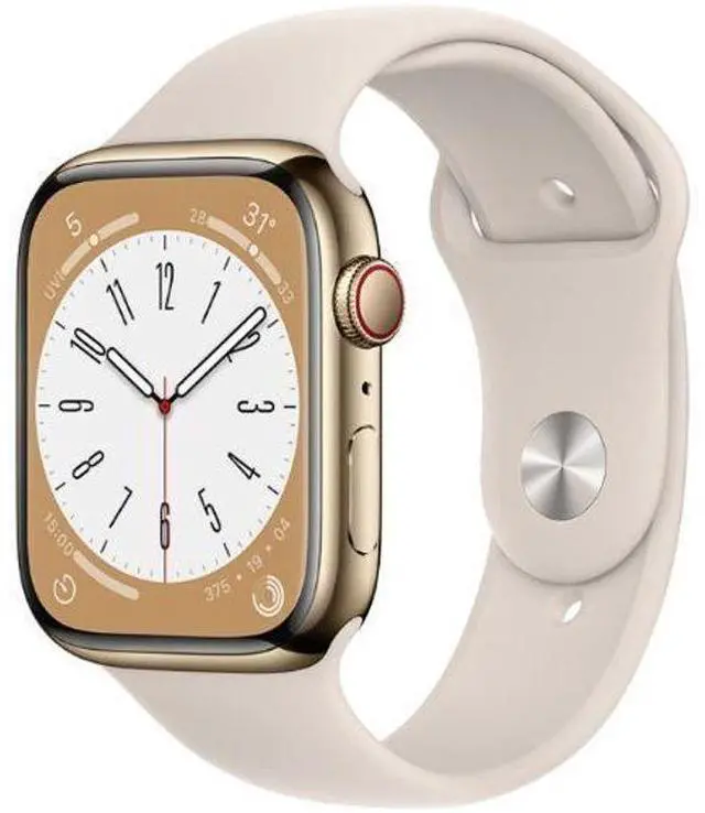 Alt view image 2 of 2 - Apple  Watch Series 8 - 32GB - Cellular + GPS - 45mm - Gold - Stainless Steel - Starlight - Sport Band - Rubber - Acceptable (Grade C)