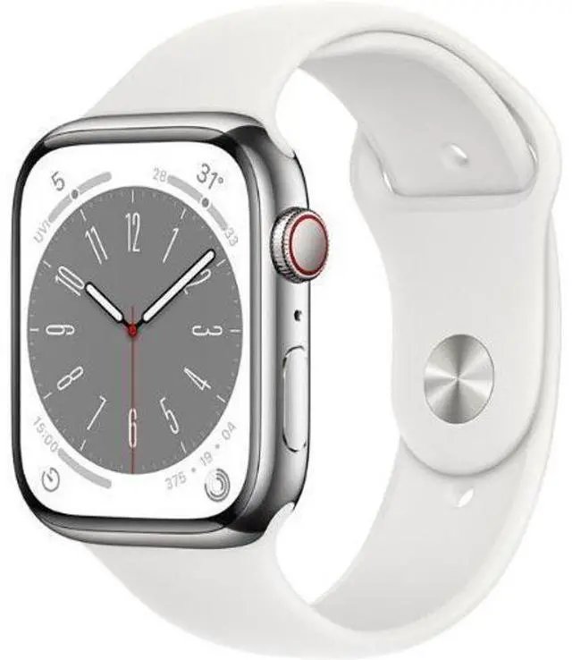 Alt view image 2 of 2 - Apple  Watch Series 8 - 32GB - Cellular + GPS - 45mm - Silver - Stainless Steel - White - Sport Band - Rubber - Acceptable (Grade C)