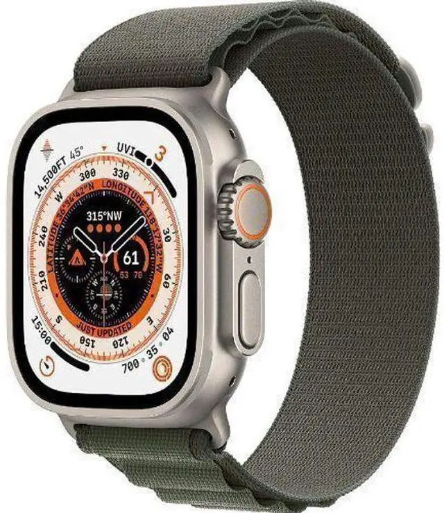 Alt view image 2 of 3 - Apple  Watch Ultra - 32GB - Titanium-Titanium-Alpine Loop Band-Green - Cellular + GPS - 49mm - Titanium - Titanium - Green - Alpine Loop Band - One Size - Textile - Premium