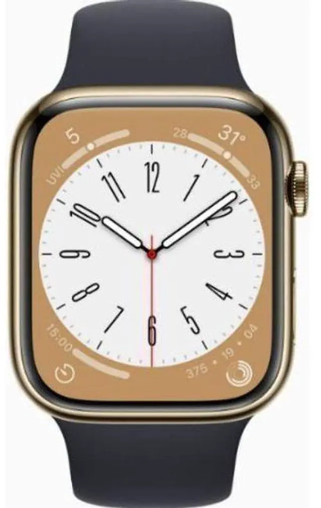 Main image of Apple  Watch Series 8 - 32GB - Gold-Stainless Steel-Sport Band-Midnight - Cellular + GPS - 45mm - Gold - Stainless Steel - Midnight - Sport Band - Rubber - Excellent (Grade A)