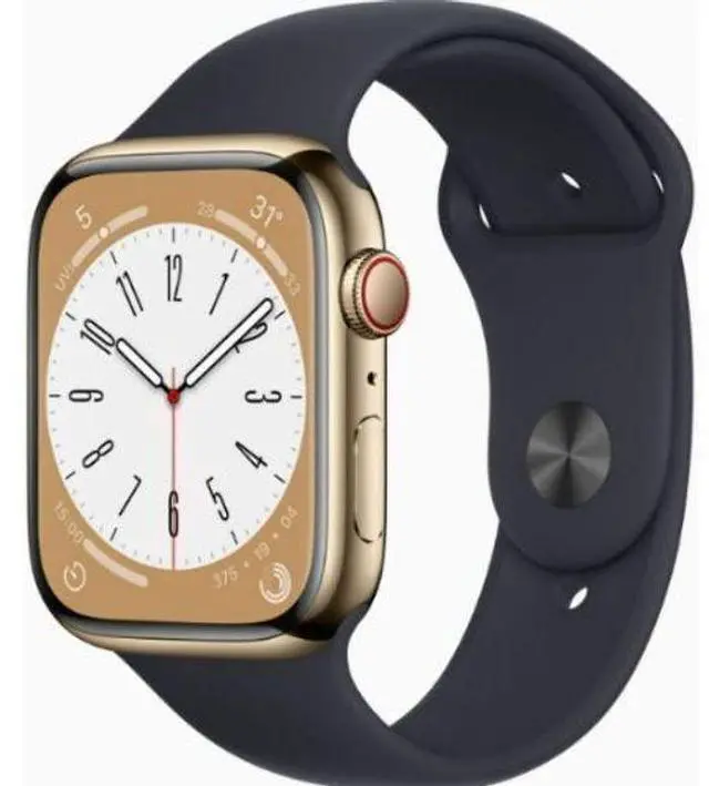 Alt view image 2 of 2 - Apple  Watch Series 8 - 32GB - Gold-Stainless Steel-Sport Band-Midnight - Cellular + GPS - 45mm - Gold - Stainless Steel - Midnight - Sport Band - Rubber - Excellent (Grade A)