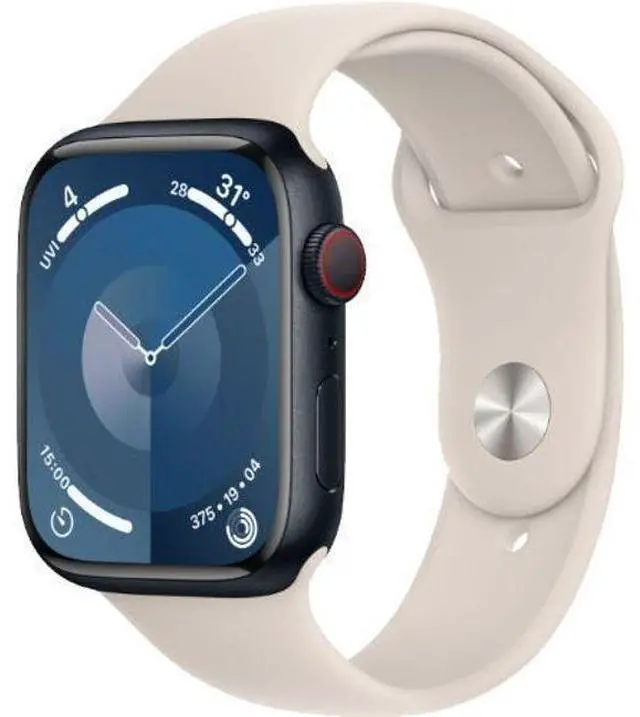 Alt view image 2 of 3 - Apple  Watch Series 9 - 64GB - Midnight-Aluminum-Sport Band-Starlight - Cellular + GPS - 45mm - Midnight - Aluminum - Starlight - Sport Band - One Size - Rubber - Excellent (Grade A)