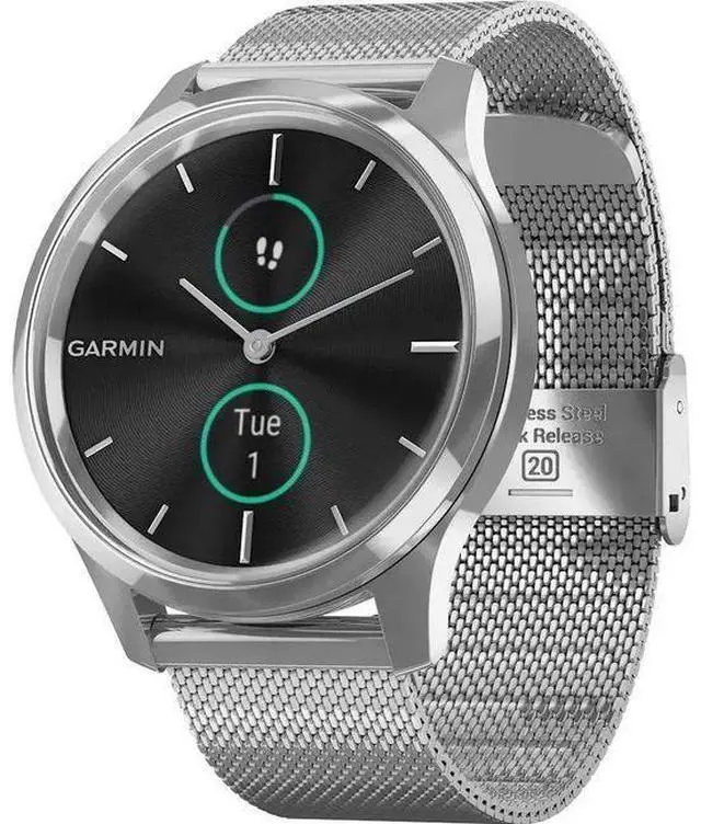 Alt view image 2 of 6 - Garmin  Vivomove Luxe Hybrid GPS Smartwatch - 42mm - Silver - Stainless Steel - Silver - Milanese Band - Stainless Steel - Excellent (Grade A)
