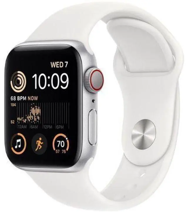 Alt view image 2 of 2 - Apple  Watch SE (2022) - 32GB - Silver-Aluminum-Sport Band-White - Cellular + GPS - 40mm - Silver - Aluminum - White - Sport Band - Small/Medium Size - Rubber - Premium