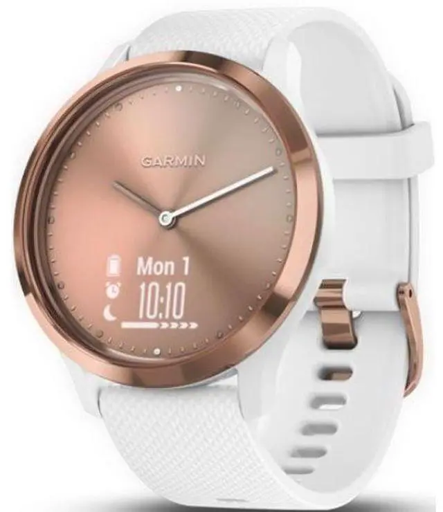 Alt view image 2 of 5 - Garmin  Vivomove HR Smartwatch - 43mm - Rose Gold/White - Sport Edition (Fiber-reinforced Polymer) - White - Silicone Band - Regular Size - Silicone - Excellent (Grade A)